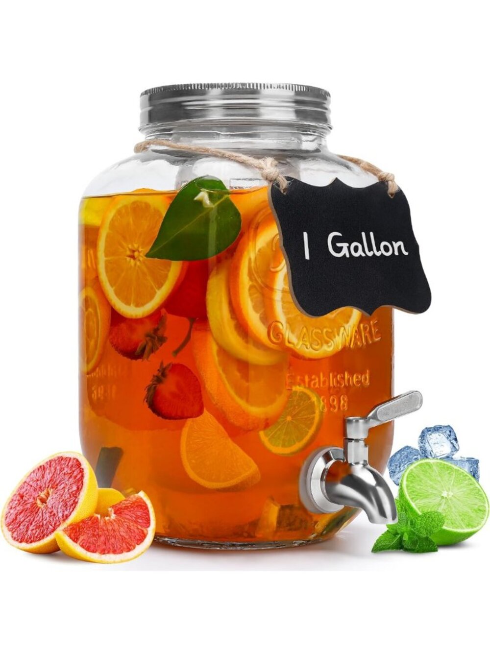 1 Gallon Glass Drink Dispenser with Lid & Stainless Steel Spigot - Perfect for